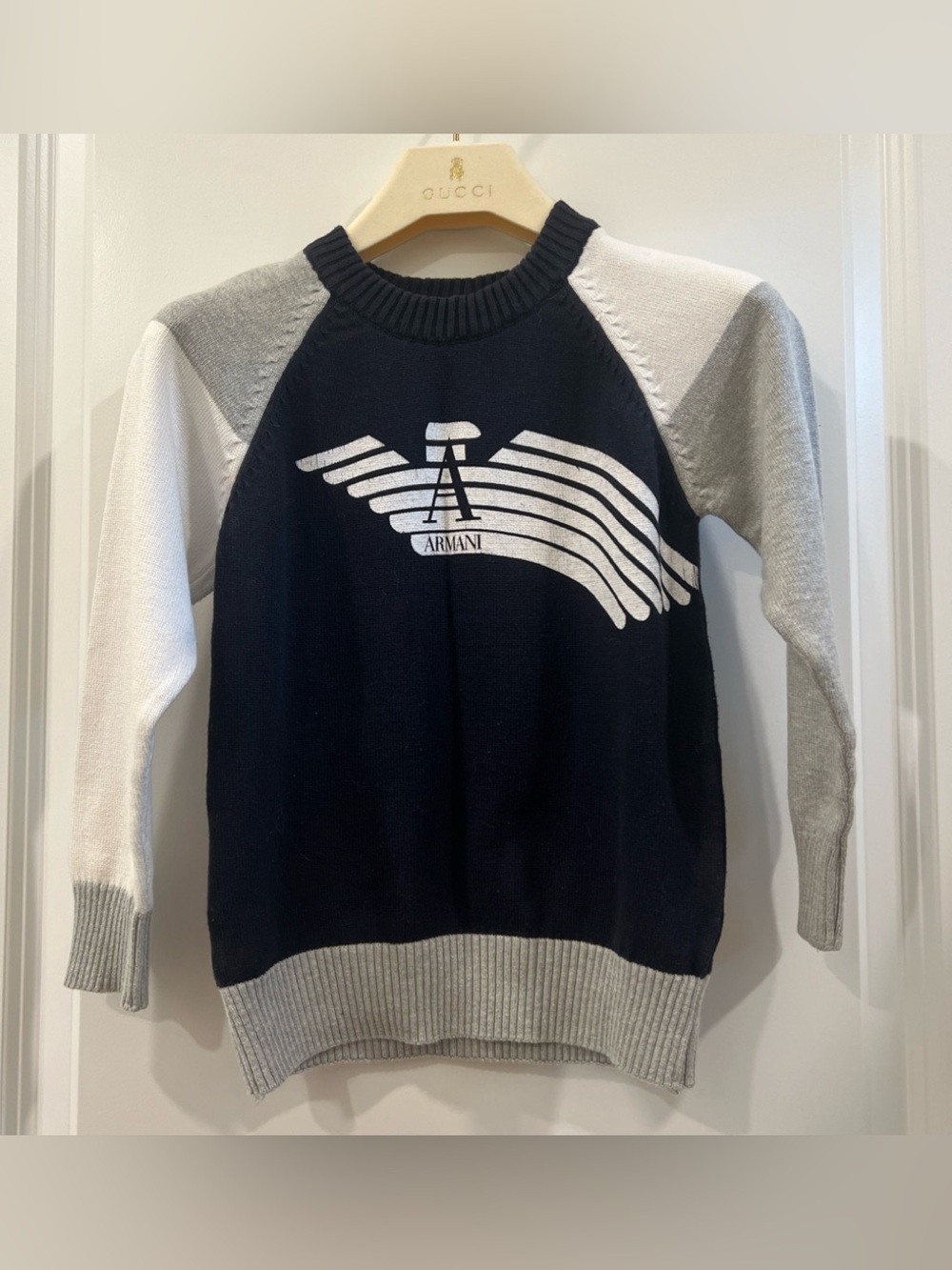 Armani junior boys Colorblock Logo Crewneck Sweater Navy/Gray/White 5/6 yo